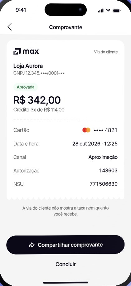 Comprovante de venda no app do Max